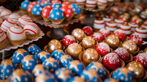 A variety of patriotic themed chocolate bonbons. Red, white and blue colored. Some have stars, others have stripes.