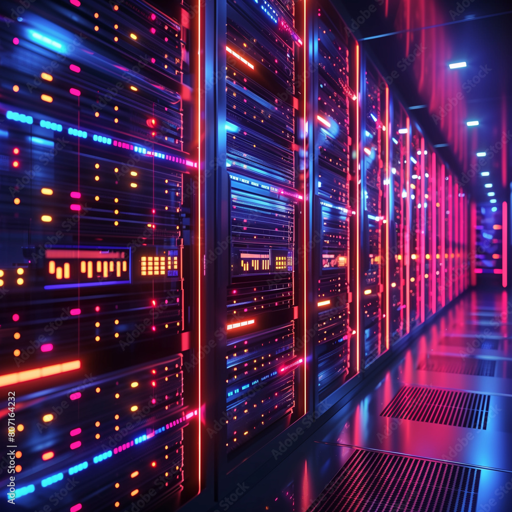 A row of computer servers with neon lights on them. The servers are lit up in a neon color scheme, creating a futuristic and high-tech atmosphere A row of computer servers with neon lights on them. The servers are lit up in a neon color scheme, creating a futuristic and high-tech atmosphere