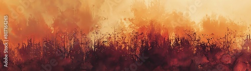 Illustrate the harmony of nature in an abstract art piece inspired by wilderness camping Explore the color theory of warm earthy tones contrasted with hints of fiery reds and orang photo