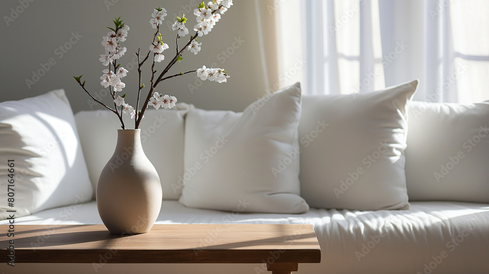 A tranquil scene with a vase holding cherry blossoms on a wooden table, lit by natural light from a window A tranquil scene with a vase holding cherry blossoms on a wooden table, lit by natural light from a window