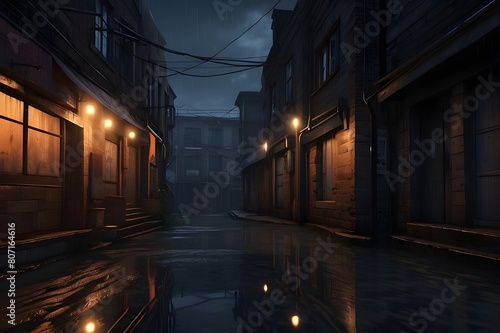 A dimly lit alleyway in Denar Sat, with flickering neon signs reflecting off puddles of rainwater 