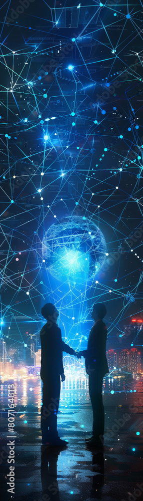 Naklejka premium The image is a beautiful depiction of a couple standing in a city at night. The city is lit up by the stars and the couple is surrounded by a