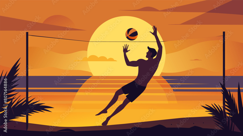 A golden sun setting behind a beach volleyball game with a dive to save the ball silhouetted against the vibrant sky.. Vector illustration A golden sun setting behind a beach volleyball game with a dive to save the ball silhouetted against the vibrant sky.. Vector illustration