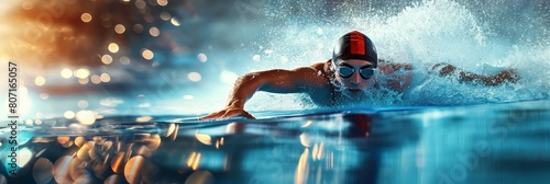 An action-packed shot of a swimmer mid-stroke in a pool, brilliantly lit highlighting the intensity and focus of aquatic sports photo