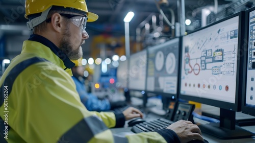 Close-up of an engineer analyzing data on a computer screen, monitoring machinery performance in a power generation facility.
