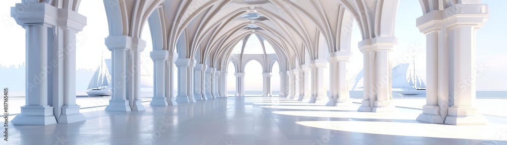 Fototapeta premium A large, empty, white building with pillars and a large archway