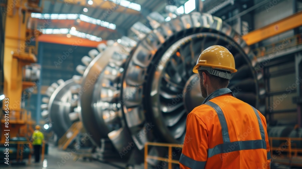 Engineer overseeing maintenance crew performing turbine blade inspection and cleaning to maximize power output. Engineer overseeing maintenance crew performing turbine blade inspection and cleaning to maximize power output.