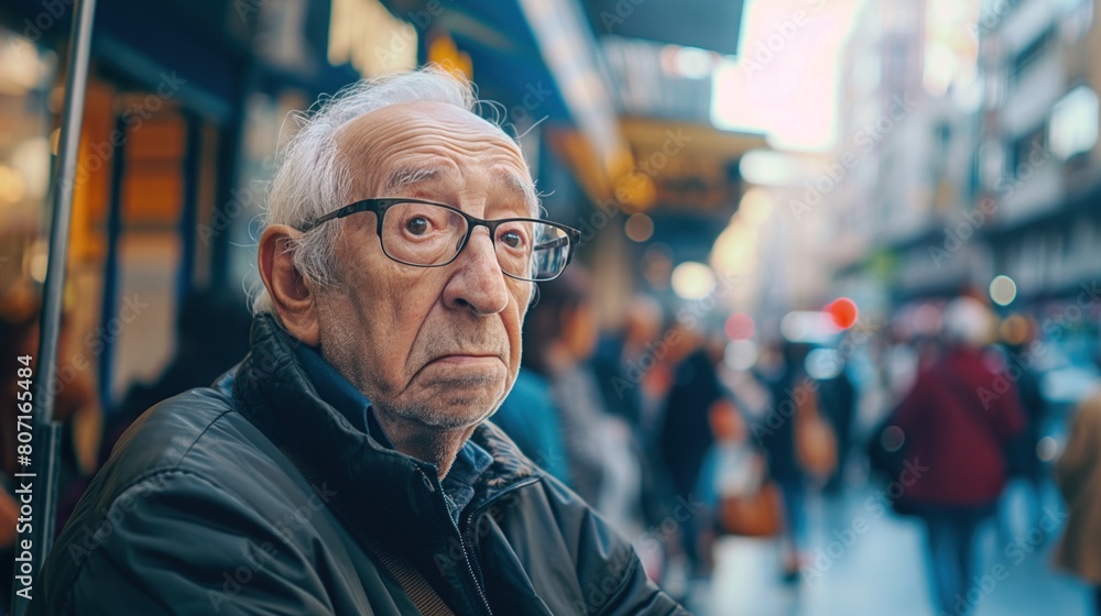 An old man wearing glasses sits on a bench outdoors An old man wearing glasses sits on a bench outdoors