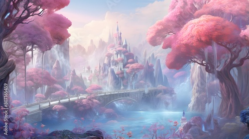 Fantasy landscape with a pond and a bridge, 3d illustration