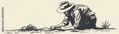 A simple line drawing of a gold prospector searching for gold, emphasizing the adventure and exploration associated with gold mining
