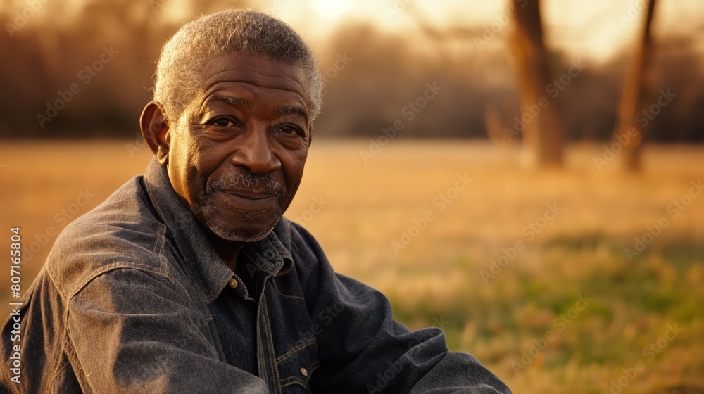 Elderly Black man sitting in field with trees in background Elderly Black man sitting in field with trees in background