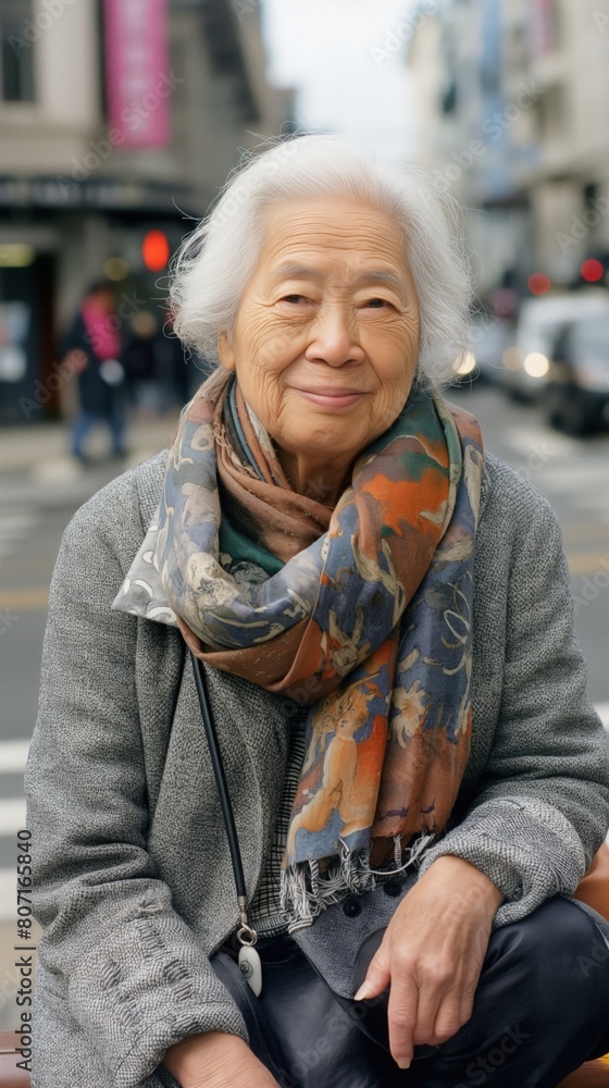 An old Asian woman sitting on a bench in a city street