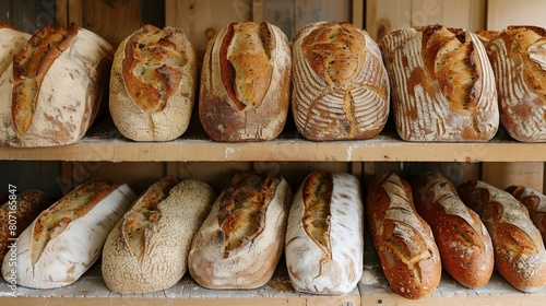 Loaves of bread lined up in rows on a shelf their slightly irregular shapes and varying sizes adding to their authentic artisanal appeal. photo