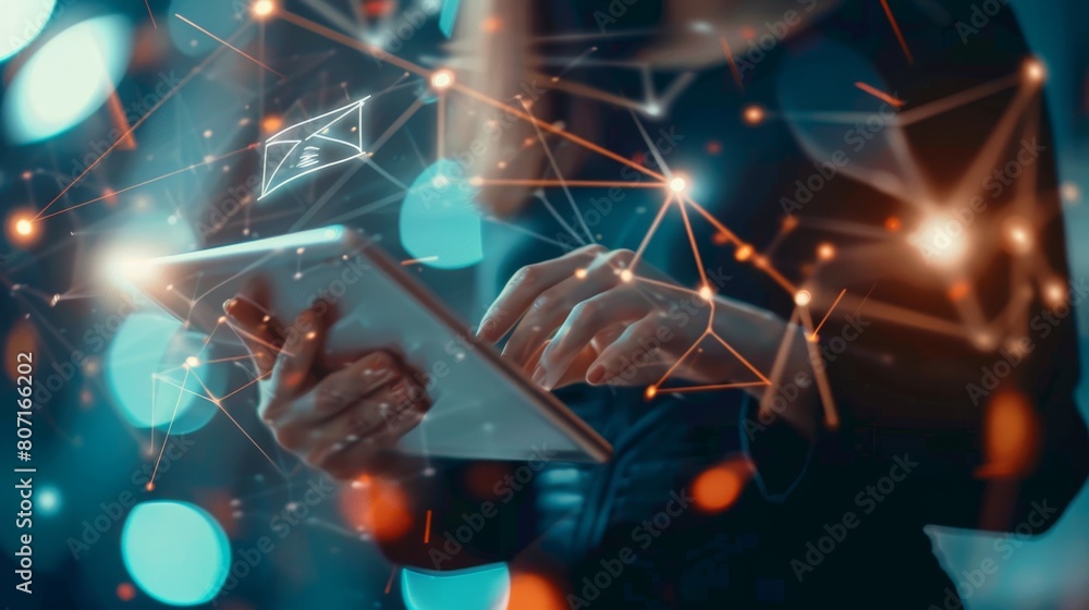 An image of a girl holding a tablet in her hands. She is sending email through the tablet. Online mail, correspondence, feedback, reports etc. An image of a girl holding a tablet in her hands. She is sending email through the tablet. Online mail, correspondence, feedback, reports etc.
