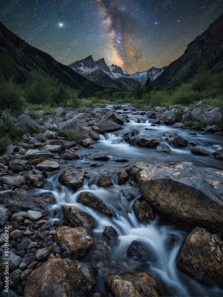 mountain river in the mountains,starry night, long exposure