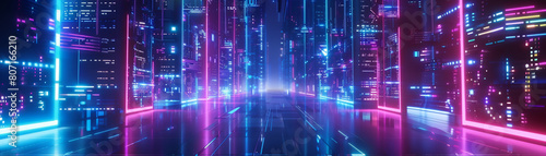 The image is a glowing blue and purple digital landscape with a glowing grid of lines in the background.