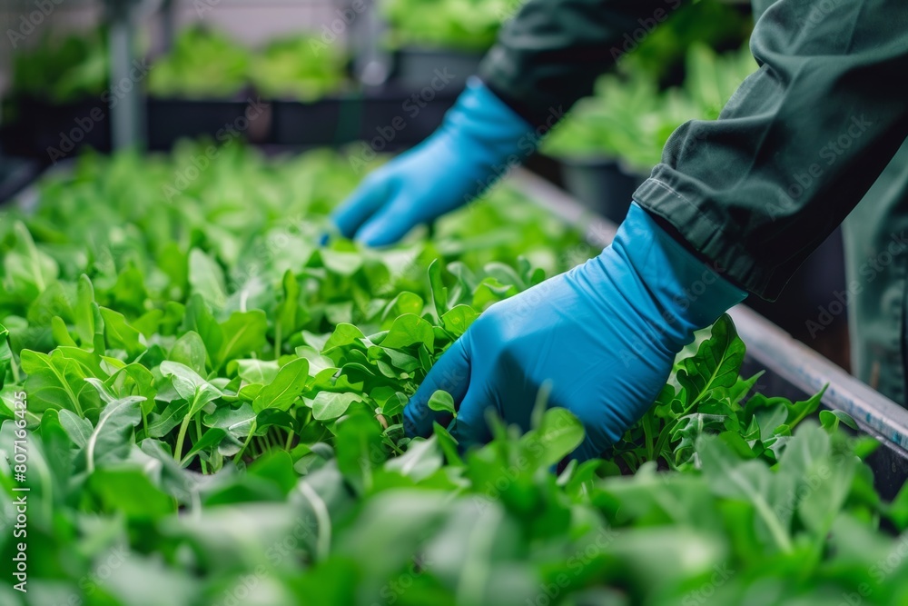 Farmer tending to hydroponic basil plants, demonstrating innovative cultivation methods for aromatic herbs. Farmer tending to hydroponic basil plants, demonstrating innovative cultivation methods for aromatic herbs.