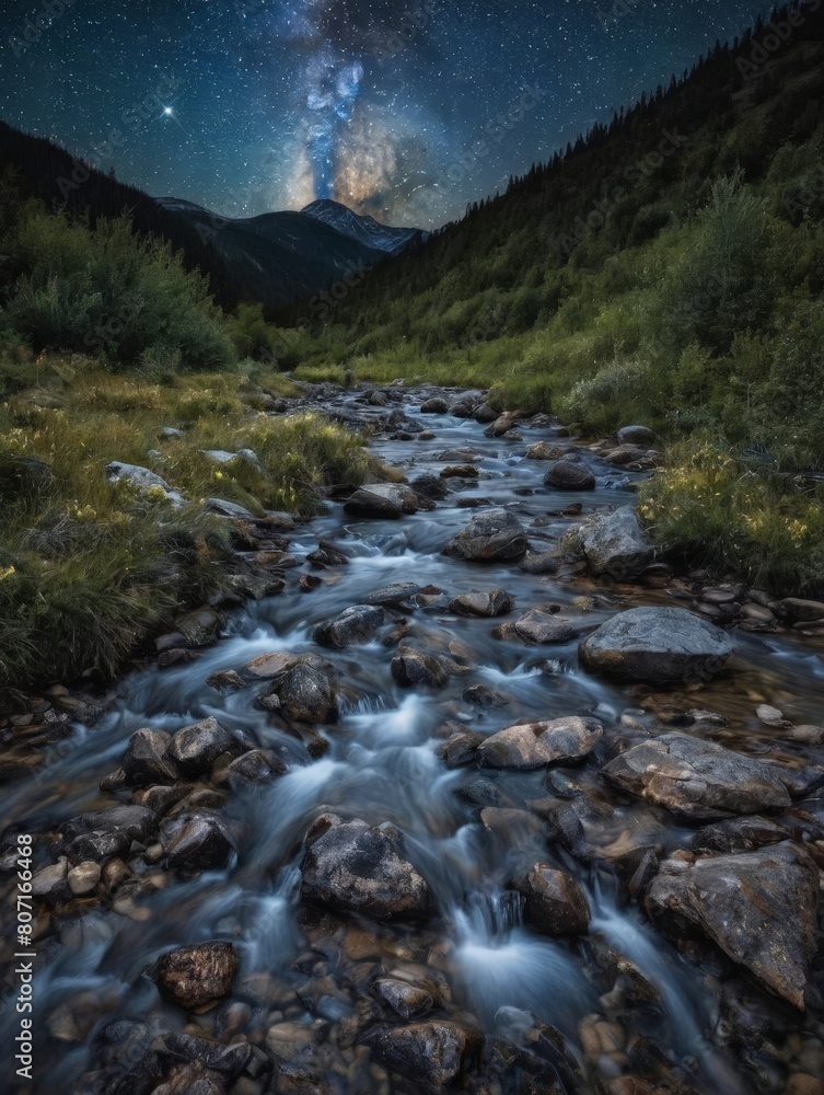 mountain river in the mountains,starry night, long exposure