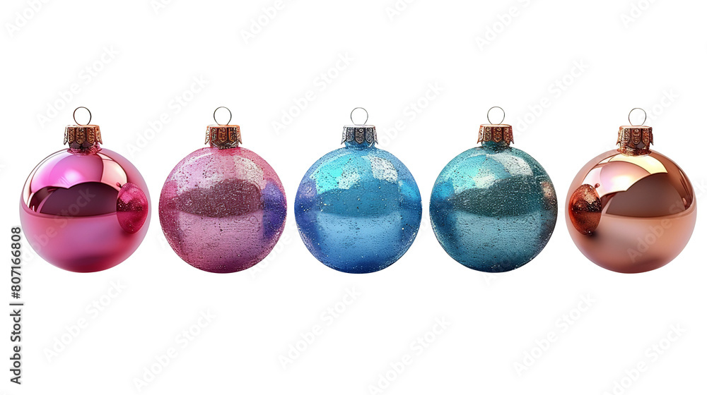 A row of five coloured glass Christmas ornaments, including pink, blue and gold. A row of five coloured glass Christmas ornaments, including pink, blue and gold.