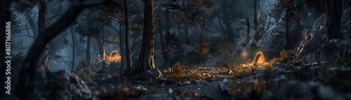 Immerse viewers in a Tilted angle view of an eerie Wilderness Camping scene