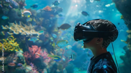 A student wearing a VR headset, exploring the depths of the ocean in a virtual classroom aquarium.