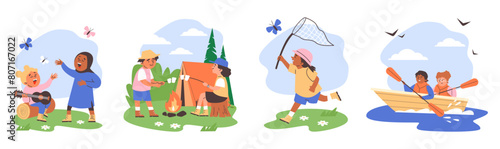 Set of happy children resting at summer camp flat style