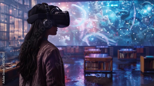 A student wearing a VR headset, engrossed in a virtual literature discussion, interacting with characters and settings in a digital classroom.