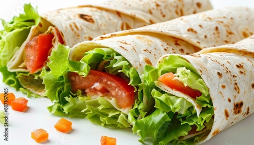 Surimi and lettuce wrapped in a tortilla on white background