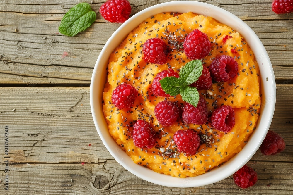 Sweet potato mash with raspberries chia seeds mint in white bowl on wooden table flat lay copy space Sweet potato mash with raspberries chia seeds mint in white bowl on wooden table flat lay copy space