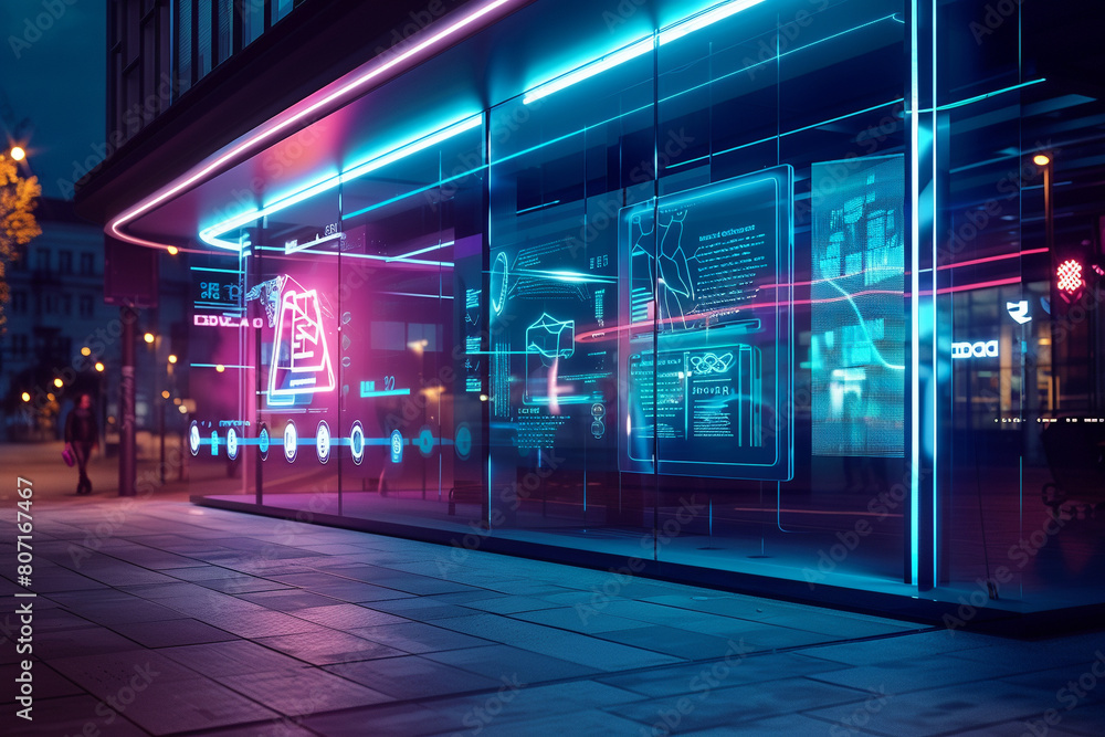 The image shows a modern glass building with blue and pink neon lights at night.