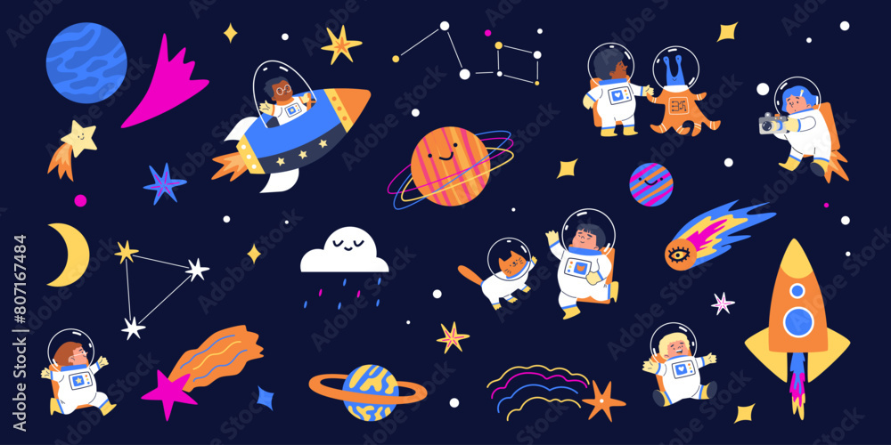 Space adventure with children and animals in spacesuits flat vector ...
