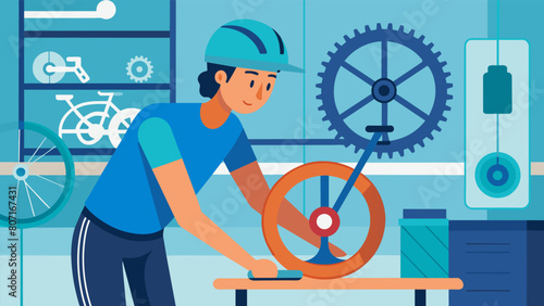 A seriouslooking cyclist examining the gears on a preloved road bike at the specialized secondhand sports equipment shop.. Vector illustration