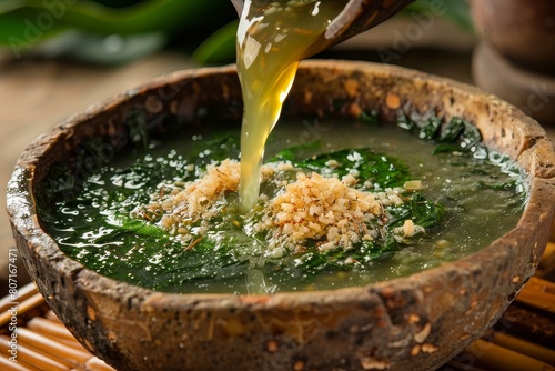 Tacaca a unique Amazonian dish consists of tucupi poured over tapioca gum with jambu leaves and dried shrimp photo