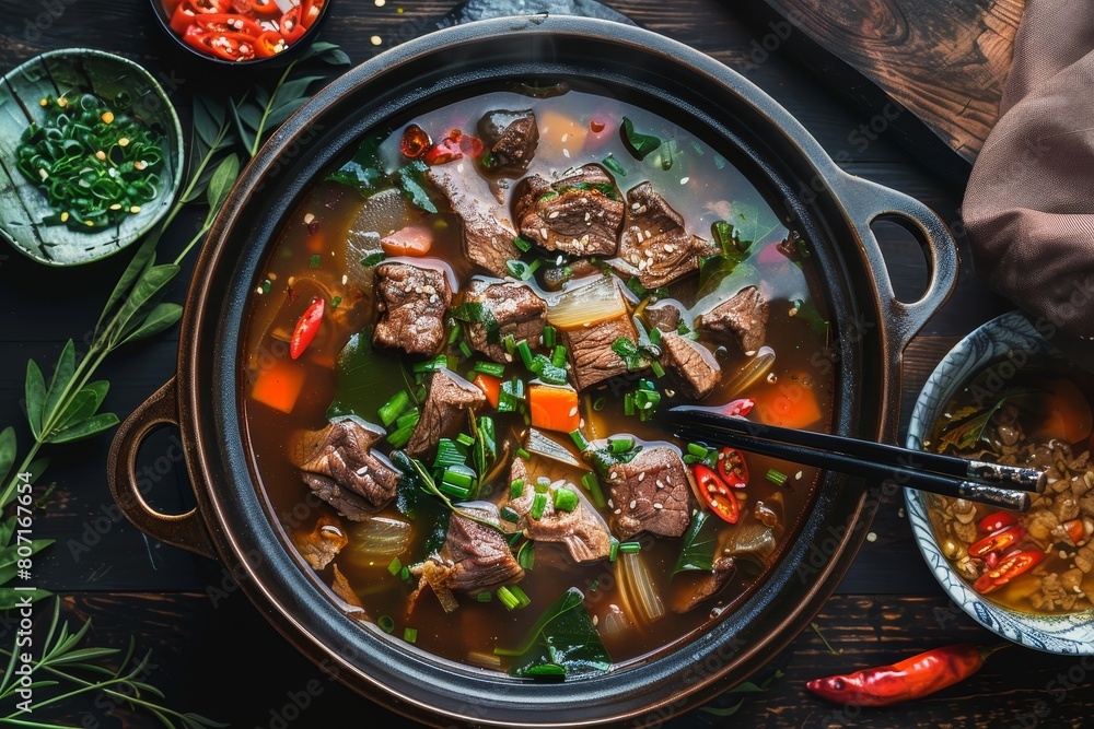 Taiwanese beef soup overhead view