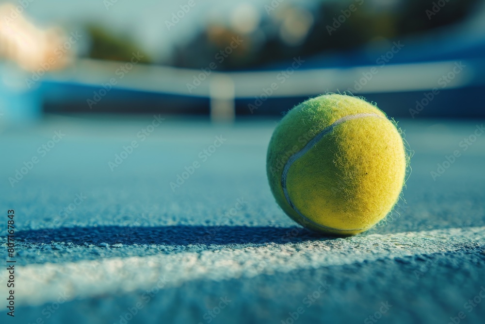 Tennis ball on blue court represents sporty lifestyle
