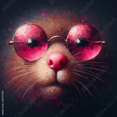 Portrait of an opossum in glasses, painting on canvas.	