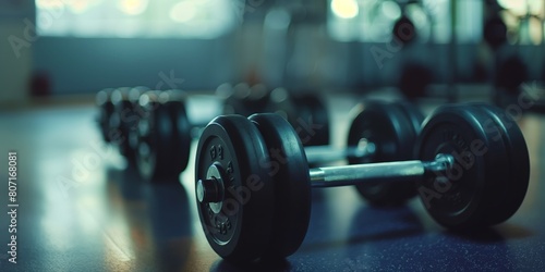 A row of barbells lined up in a gym environment with focus on the weights and blurry background