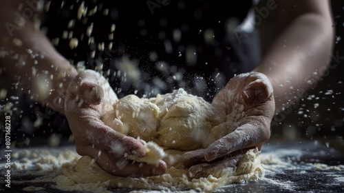 Keeping the dough in a knead, on a dark background, is a woman's hands.