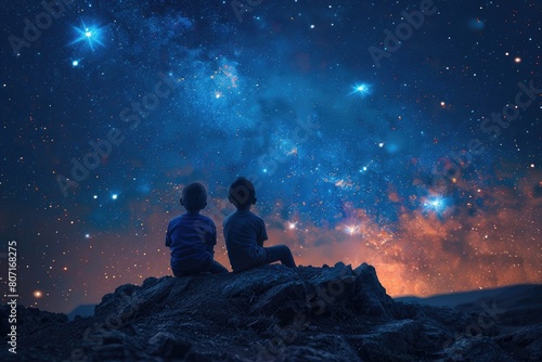 Two brothers looking at a little star beautiful view