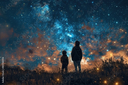 Two brothers looking at a little star beautiful view