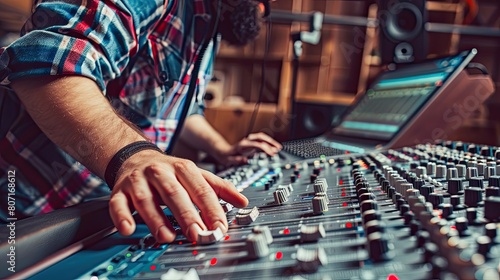 Close-up of an audio engineer at a sound mixing board, technical aspect of communication