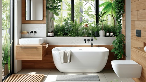 Modern bathroom interior with a freestanding tub  wooden elements  and lush greenery. Natural light floods the cozy space.