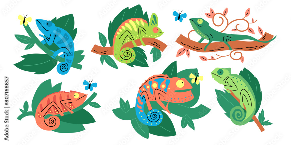 Obraz premium Colorful chameleons and butterflies vector set