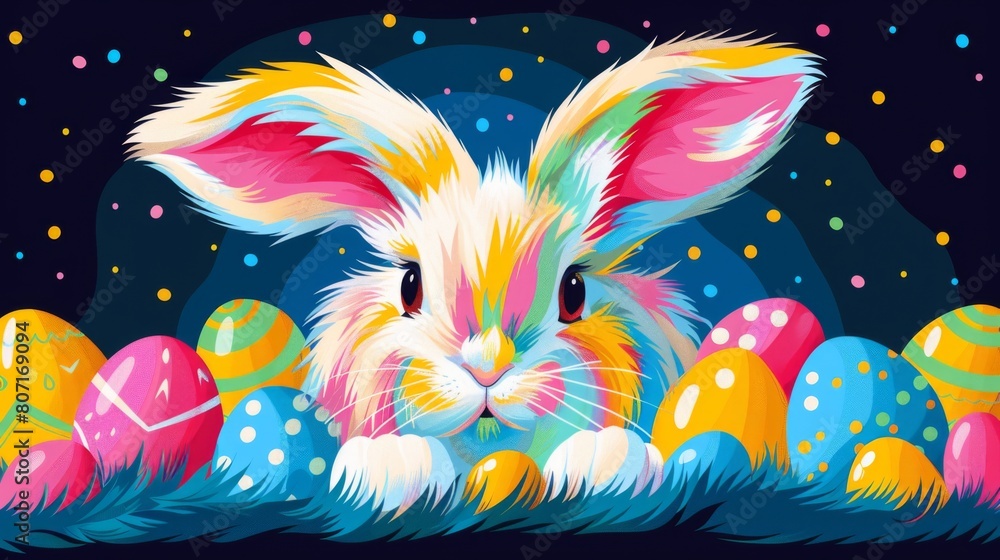Fototapeta premium Vibrant illustration of a colorful Easter bunny with vividly decorated Easter eggs against a dark backdrop with festive confetti.