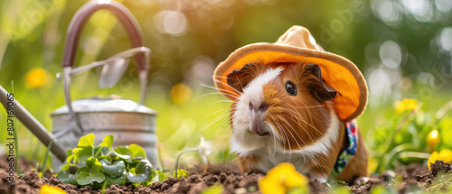 Gardening Guinea Pig, Adorable guinea pig in a tiny gardener outfit, Gardening assistance, Copy space photo