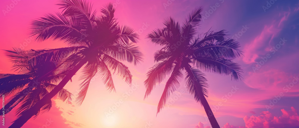 Neon Palm Trees, Silhouette of palm trees against a synthwave sky, Retro vacation vibe, Copy space