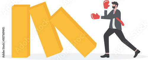 Business changes, domino effect. Businessmen punch dominoes to make them fall. Vector

