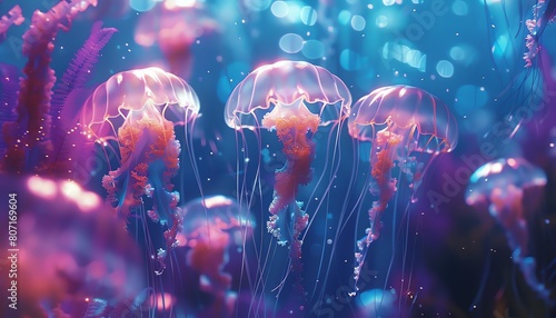 Delve into an aquatic wonderland where shimmering jellyfish dance! Use innovative lighting to showcase their graceful movements from a worms-eye view