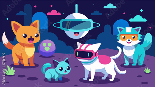 A virtual reality game allows players to have AI pet companions that accompany them on their adventures.. Vector illustration