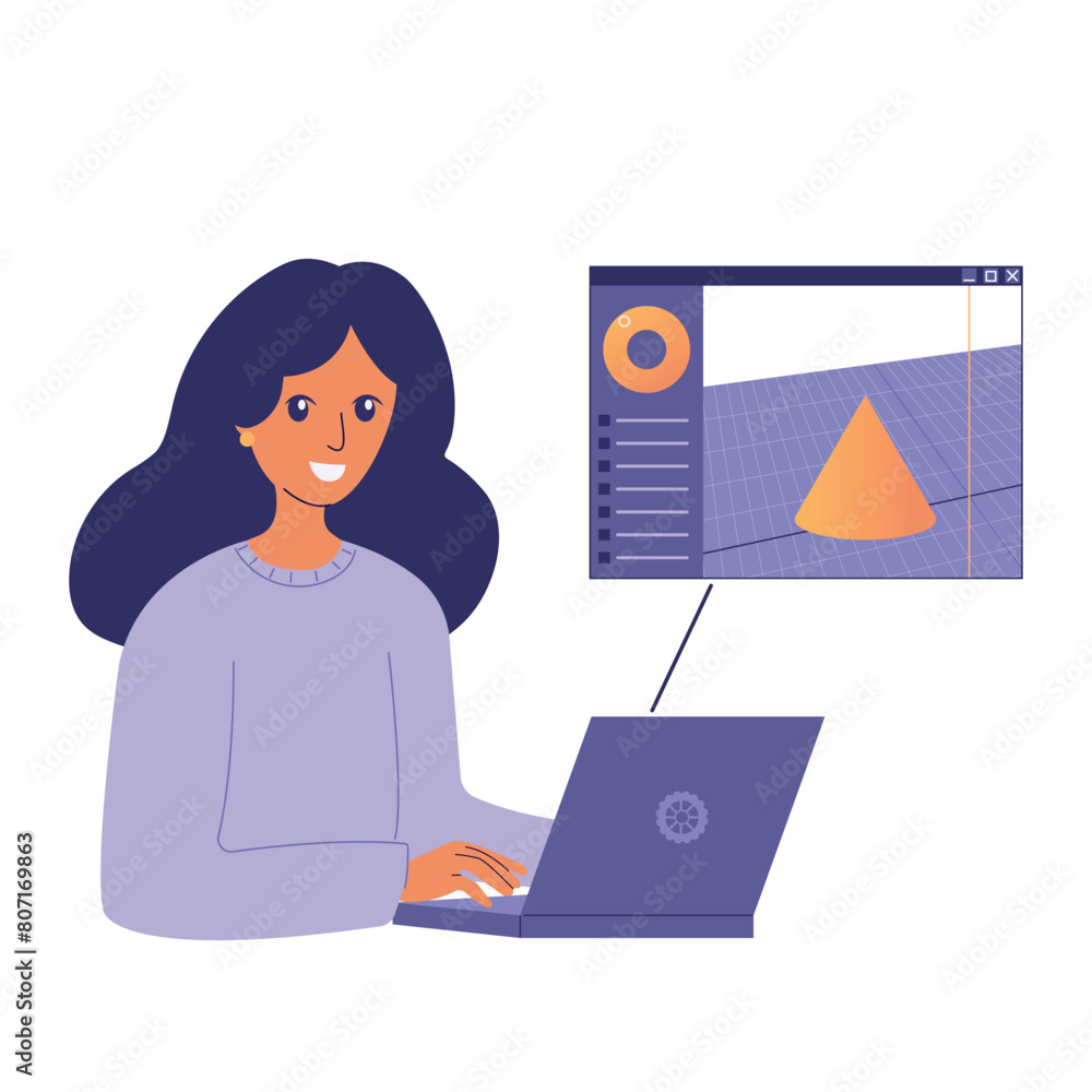 3D designer at work. Girl making, designing object with software at computer, working process. Creative girl creating digital art. Flat vector illustration isolated on white background.